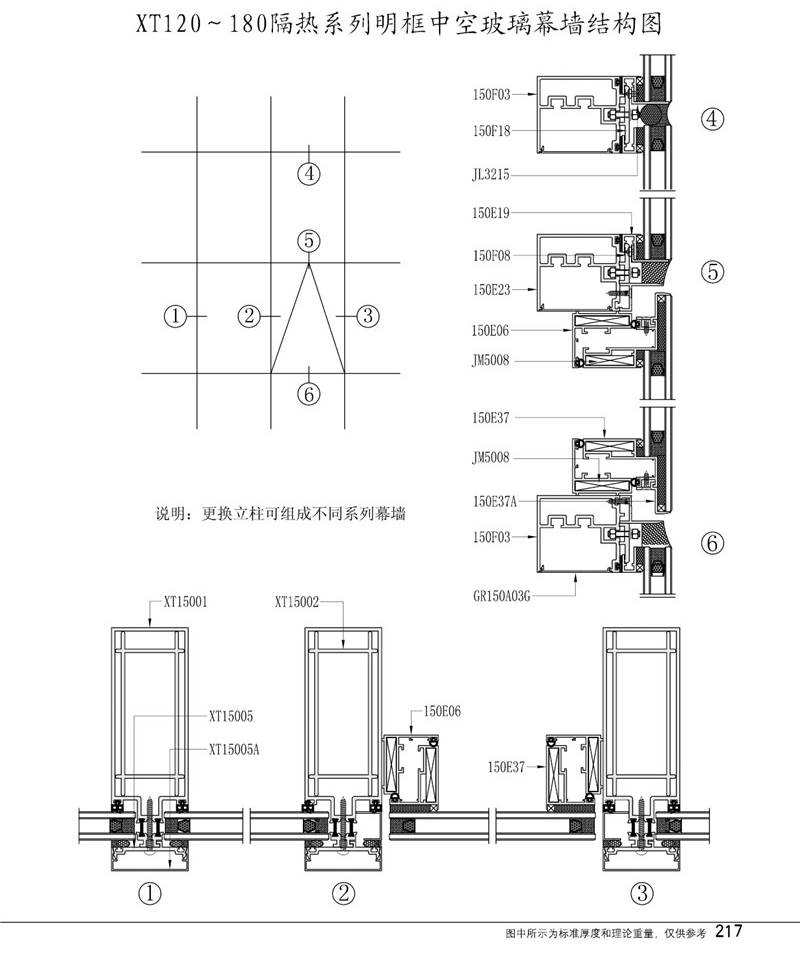 Structural drawing of xt120-180 heat insulation series open frame hollow glass curtain wall